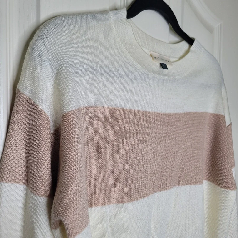 alredine Ivory Beige‎ Gray Knit Pullover Sweater Colorblock Striped Crew L Women